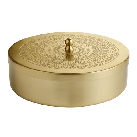 Round Gold Metal Etched Mandala Spice Box with 